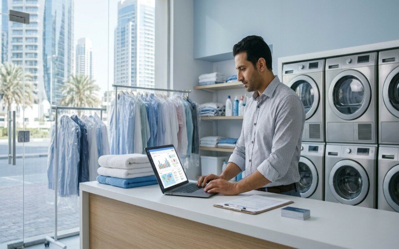Laundry business owner checking online search data in a modern Dubai laundry shop