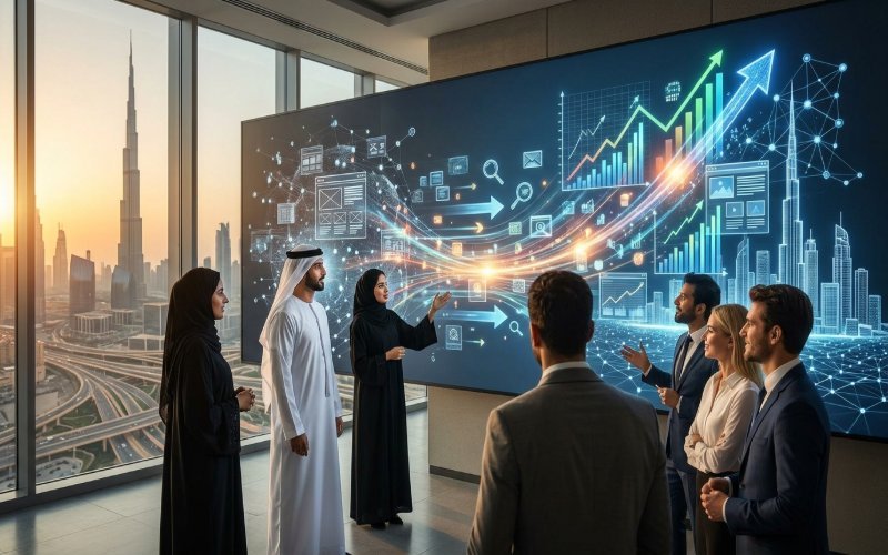 Business professional reviewing website traffic and SEO migration in Dubai