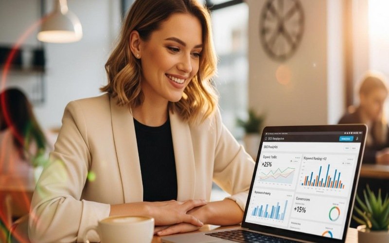 SaaS marketing analyst reviewing SEO traffic, leads, and conversion data on a laptop