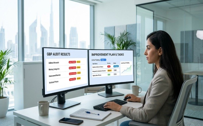 Digital marketing specialist using Google Business Profile audit results to plan profile improvements and track local SEO performance.