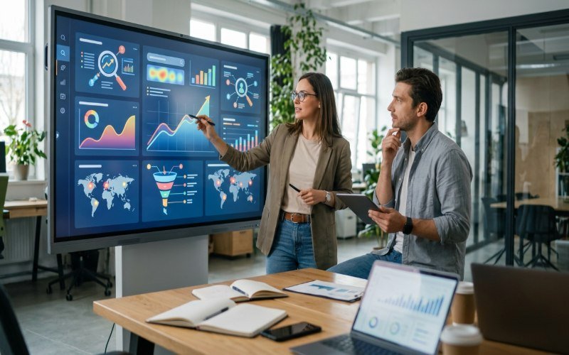 Digital marketing specialist reviewing SEO analytics and lead tracking for a facility management company in Dubai