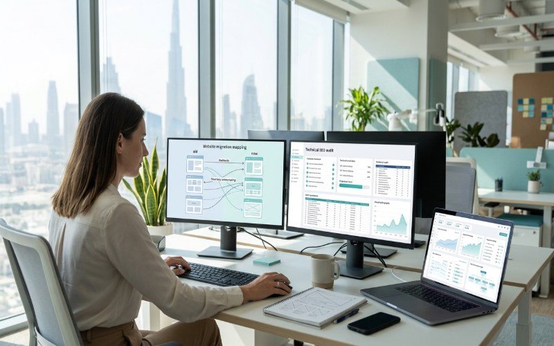 SEO specialist reviewing a website migration audit and planning SEO tasks in Dubai