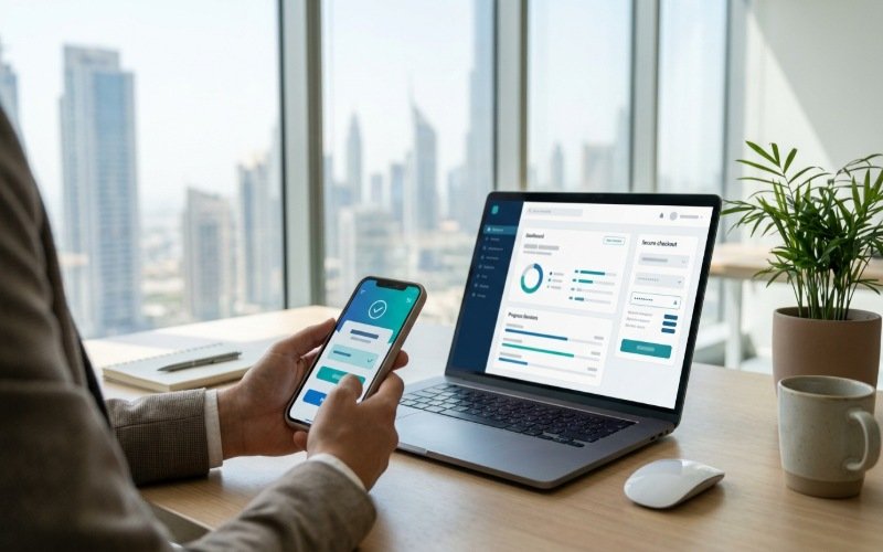Laptop and smartphone displaying a clear, mobile-friendly digital payment website.